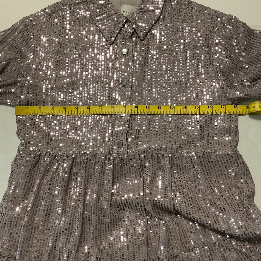 Anthropologie Maeve Bettina Sequin Tiered Mini Shirt Dress Silver - Picture 4 of 10